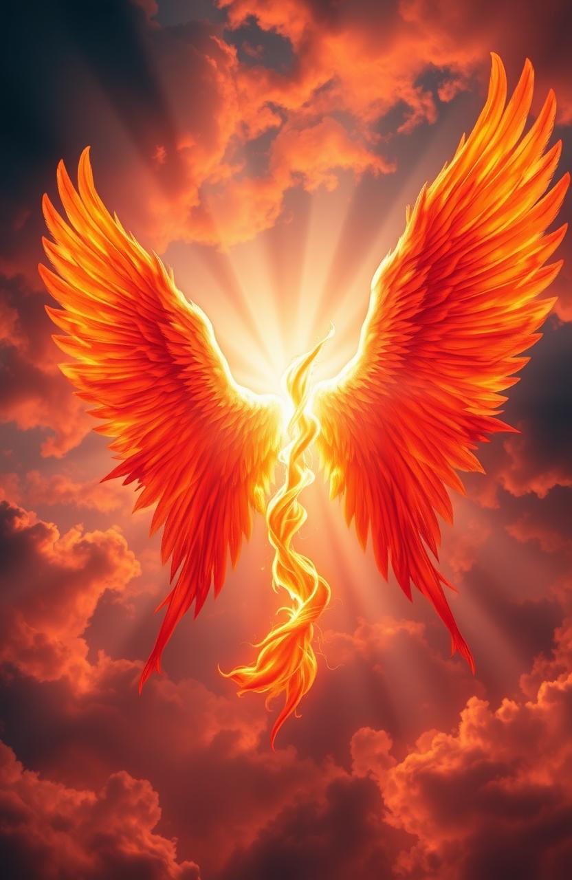 A stunning depiction of angelic wings, radiating a vivid, fiery glow