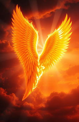 A stunning depiction of angelic wings, radiating a vivid, fiery glow