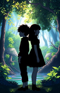 A boy and girl standing back to back, facing away from the viewer, both dressed in all black outfits