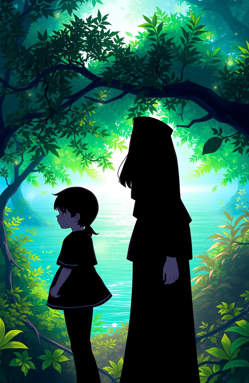 A boy and girl standing back to back, facing away from the viewer, both dressed in all black outfits