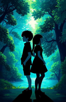 A boy and girl standing back to back, facing away from the viewer, both dressed in all black outfits