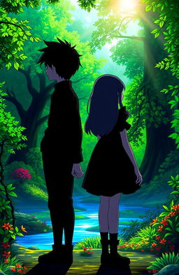 A boy and girl standing back to back, facing away from the viewer, both dressed in all black outfits