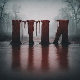 Create a chilling typographic representation of the words 'Bloody River'. Enhance it with eerie aesthetics, for example blood drips, shadowy ambiance, and potentially ghostly figures.