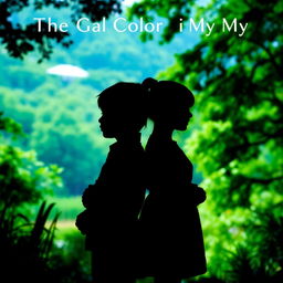 The silhouettes of a boy and girl standing back to back, appearing as shadows against a vibrant nature background