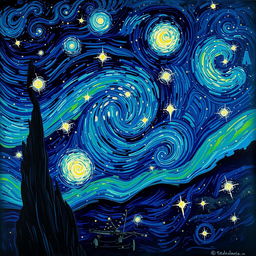 A stunning night sky inspired by Vincent Van Gogh's famous style, featuring swirling patterns of deep blues and vibrant greens