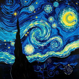 A stunning night sky inspired by Vincent Van Gogh's famous style, featuring swirling patterns of deep blues and vibrant greens