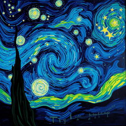 A stunning night sky inspired by Vincent Van Gogh's famous style, featuring swirling patterns of deep blues and vibrant greens