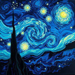 A stunning night sky inspired by Vincent Van Gogh's famous style, featuring swirling patterns of deep blues and vibrant greens