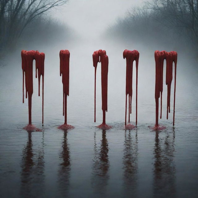 Create a chilling typographic representation of the words 'Bloody River'. Enhance it with eerie aesthetics, for example blood drips, shadowy ambiance, and potentially ghostly figures.