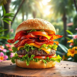 A vibrant image of a delicious burger showcasing a thick, juicy beef patty layered with fresh, crisp lettuce, ripe tomato slices, crispy bacon, and creamy melted cheese, all stacked neatly in a perfectly toasted sesame seed bun