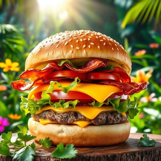 A vibrant image of a delicious burger showcasing a thick, juicy beef patty layered with fresh, crisp lettuce, ripe tomato slices, crispy bacon, and creamy melted cheese, all stacked neatly in a perfectly toasted sesame seed bun