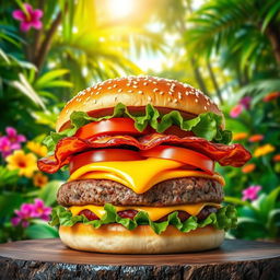 A vibrant image of a delicious burger showcasing a thick, juicy beef patty layered with fresh, crisp lettuce, ripe tomato slices, crispy bacon, and creamy melted cheese, all stacked neatly in a perfectly toasted sesame seed bun