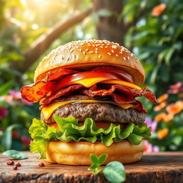 A vibrant image of a delicious burger showcasing a thick, juicy beef patty layered with fresh, crisp lettuce, ripe tomato slices, crispy bacon, and creamy melted cheese, all stacked neatly in a perfectly toasted sesame seed bun