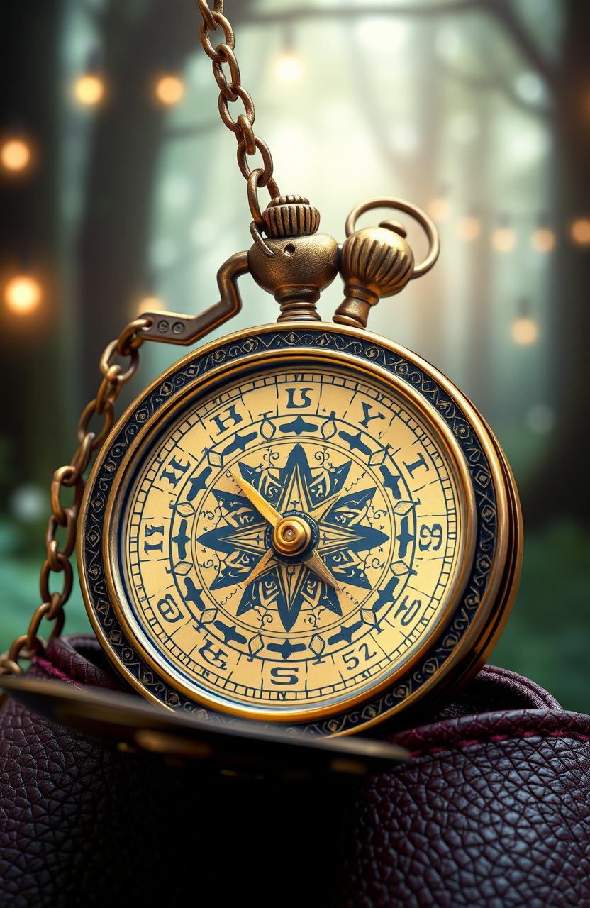 A beautifully designed magical compass pocket watch, featuring intricate engravings and mystical symbols on its surface