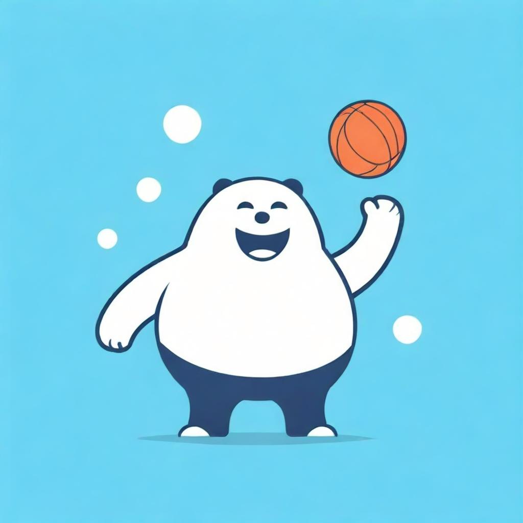 A rotund water mug character juggling a basketball, with obvious belly fat. The character is designed in a friendly and appealing manner.