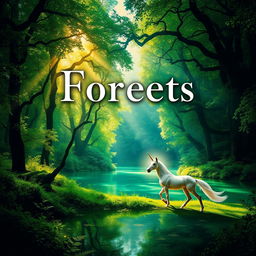 A captivating and visually striking eBook cover design featuring a mystical forest scene, with lush green trees, beams of golden sunlight breaking through the branches, and a serene clear lake reflecting the greenery