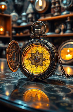 A beautiful, intricate magical compass pocket watch, featuring ornate engravings and shimmering gemstones