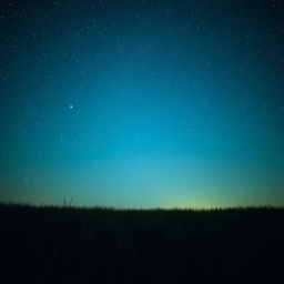 A serene landscape featuring a beautiful blue and green sky adorned with countless stars twinkling in the night