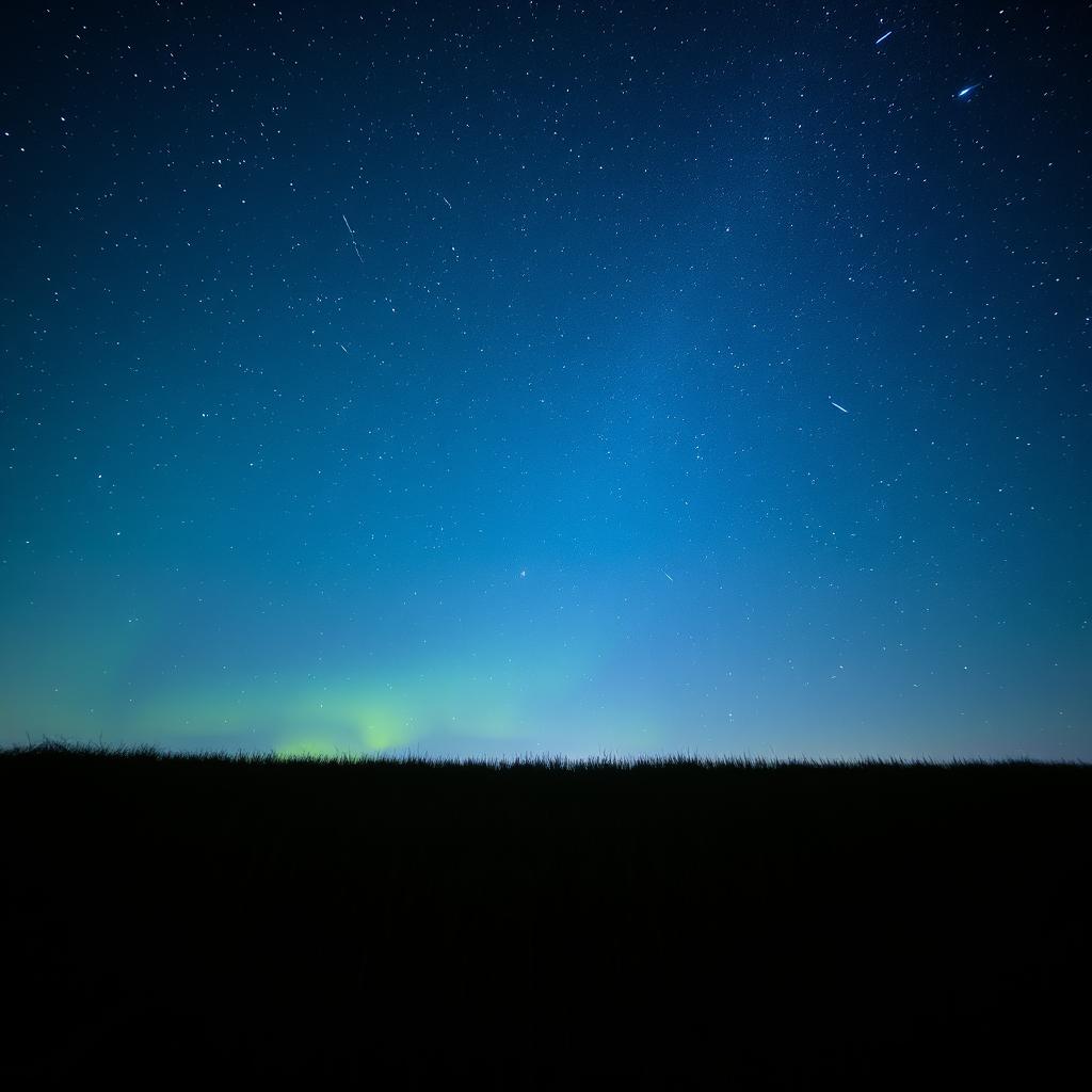 A serene landscape featuring a beautiful blue and green sky adorned with countless stars twinkling in the night