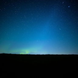 A serene landscape featuring a beautiful blue and green sky adorned with countless stars twinkling in the night