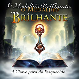 A visually striking eBook cover for 'O Medalhão Brilhante: A Chave para o Mundo Esquecido', showcasing a fantastical key with intricate designs, glowing with a bright, ethereal light