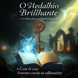 A visually striking eBook cover for 'O Medalhão Brilhante: A Chave para o Mundo Esquecido', showcasing a fantastical key with intricate designs, glowing with a bright, ethereal light