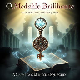 A visually striking eBook cover for 'O Medalhão Brilhante: A Chave para o Mundo Esquecido', showcasing a fantastical key with intricate designs, glowing with a bright, ethereal light