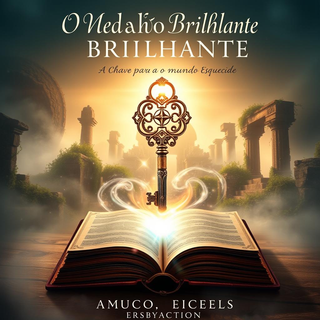 A visually striking eBook cover for 'O Medalhão Brilhante: A Chave para o Mundo Esquecido', showcasing a fantastical key with intricate designs, glowing with a bright, ethereal light