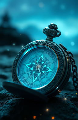 A stunning magical blue compass pocket watch with intricate designs, glowing softly with an ethereal light