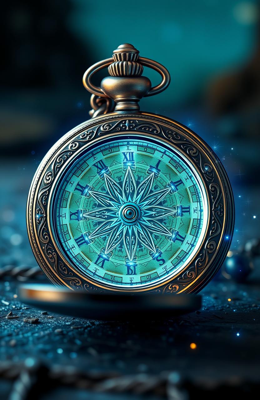 A stunning magical blue compass pocket watch with intricate designs, glowing softly with an ethereal light