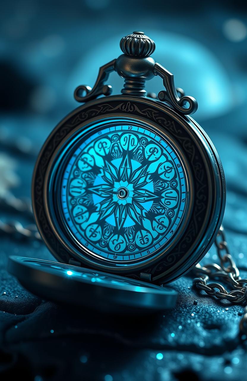 A stunning magical blue compass pocket watch with intricate designs, glowing softly with an ethereal light