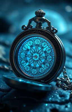 A stunning magical blue compass pocket watch with intricate designs, glowing softly with an ethereal light