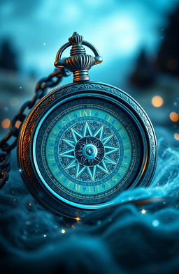 A stunning magical blue compass pocket watch with intricate designs, glowing softly with an ethereal light