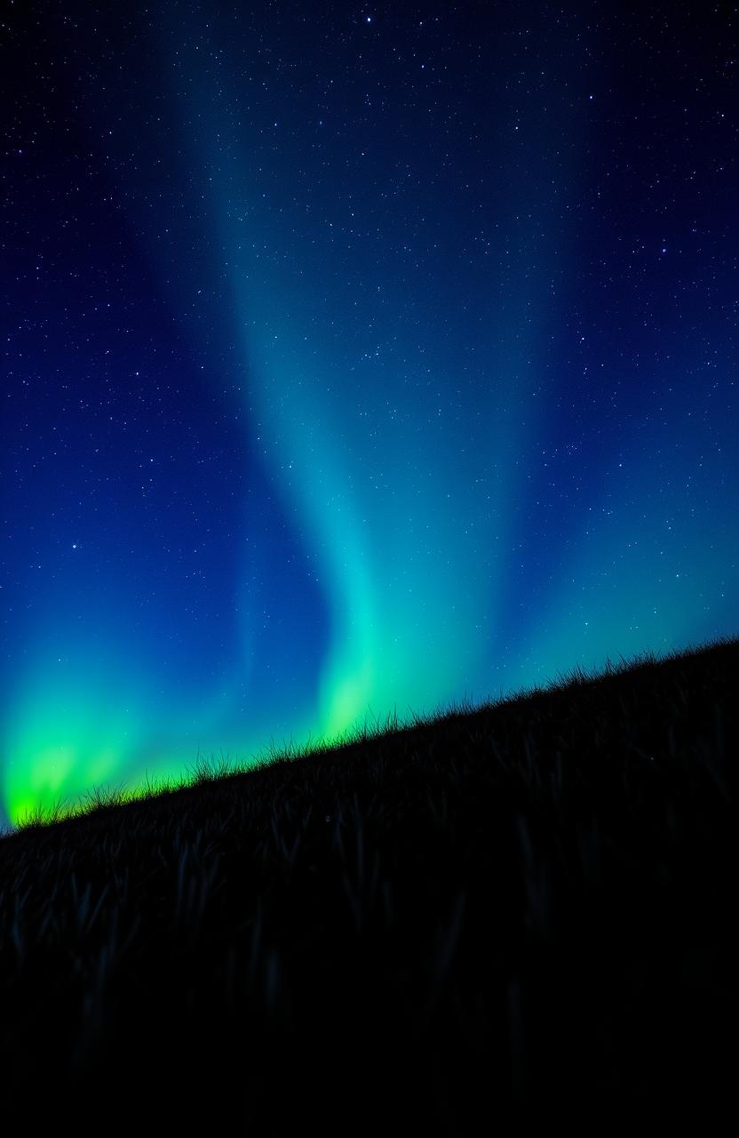 A stunning scene featuring a vibrant blue and green sky with a dark, textured grass foreground