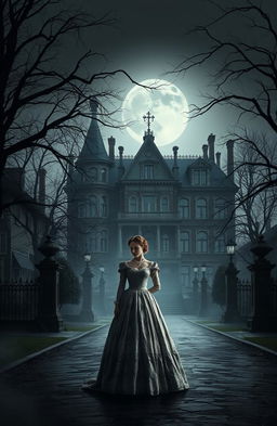 A gothic romance scene set in the regency era, depicting the town of Satro, characterized by dark, moody architecture and misty streets