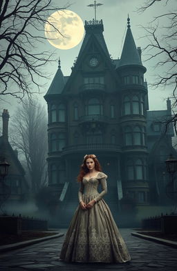 A gothic romance scene set in the regency era, depicting the town of Satro, characterized by dark, moody architecture and misty streets