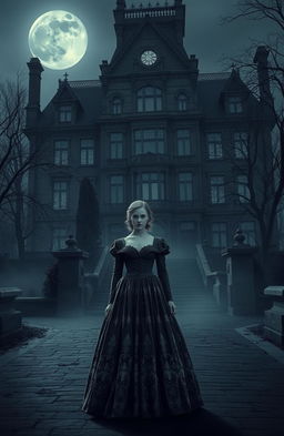 A gothic romance scene set in the regency era, depicting the town of Satro, characterized by dark, moody architecture and misty streets