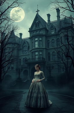 A gothic romance scene set in the regency era, depicting the town of Satro, characterized by dark, moody architecture and misty streets