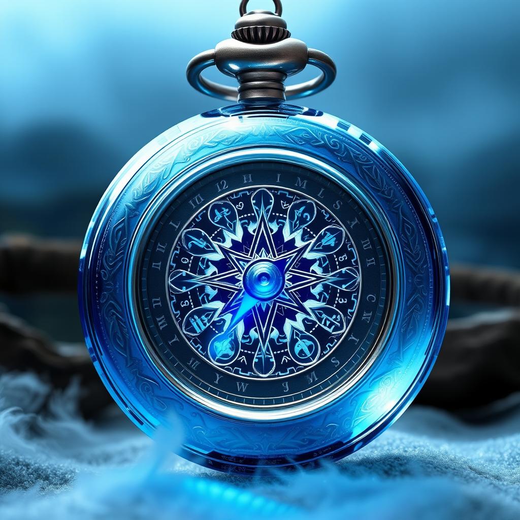 A magical blue crystal compass pocket watch, featuring a stunning crystal exterior that catches and refracts light beautifully