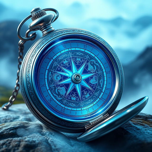 A magical blue crystal compass pocket watch, featuring a stunning crystal exterior that catches and refracts light beautifully