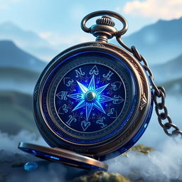 A magical blue crystal compass pocket watch, featuring a stunning crystal exterior that catches and refracts light beautifully