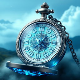 A magical blue crystal compass pocket watch, featuring a stunning crystal exterior that catches and refracts light beautifully