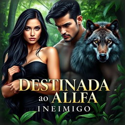 A captivating romance novel cover featuring a beautiful young woman with long black hair, standing confidently in a lush forest