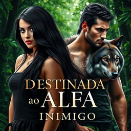 A captivating romance novel cover featuring a beautiful young woman with long black hair, standing confidently in a lush forest