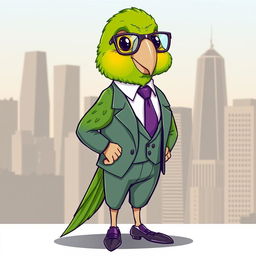 A whimsical cartoon-style illustration of a sophisticated green parrot styled as a high-class city boy