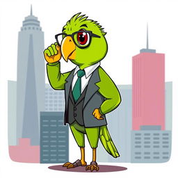 A whimsical cartoon-style illustration of a sophisticated green parrot styled as a high-class city boy