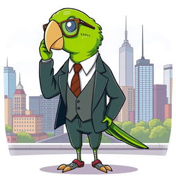 A whimsical cartoon-style illustration of a sophisticated green parrot styled as a high-class city boy