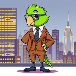 A whimsical cartoon-style illustration of a sophisticated green parrot styled as a high-class city boy