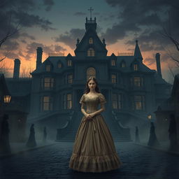 A captivating gothic romance scene set in the regency era, capturing the essence of the town of Satro