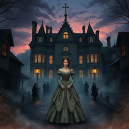 A captivating gothic romance scene set in the regency era, capturing the essence of the town of Satro